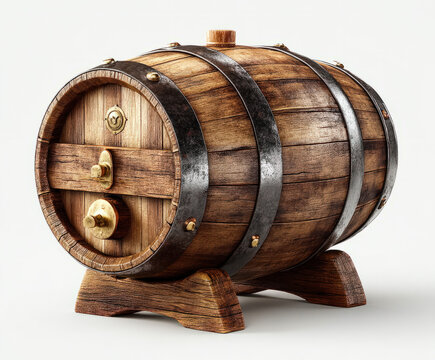 A single wooden barrel isolated on a pure white background