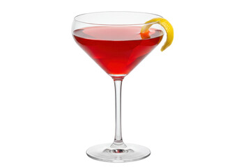 Isolated glass of red cocktail with lemon twist, elegant bar drink for celebration scene