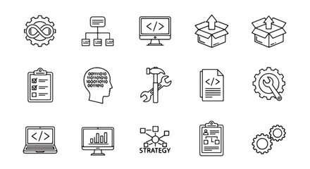 Set of engineering and development icons simple line vector symbols for web and mobile apps isolated