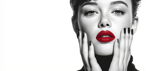 Czarno-biały portret kobiety z czerwonymi ustami – nowoczesna fotografia fashion