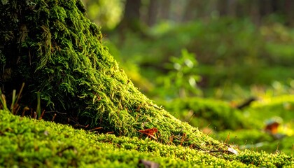 Fototapeta premium Mossy tree base in a forest, with dappled light creating depth and texture