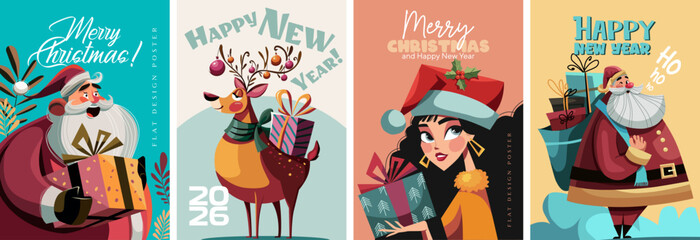 Elegant festive celebration, reindeer, Santa Claus with gifts, Stylish woman holding a wrapped gift in a joyful Christmas illustration with festive decorations. Flat graphics without gradients.