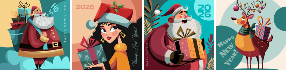 Elegant festive celebration, reindeer, Santa Claus with gifts, Stylish woman holding a wrapped gift in a joyful Christmas illustration with festive decorations. Flat graphics without gradients.