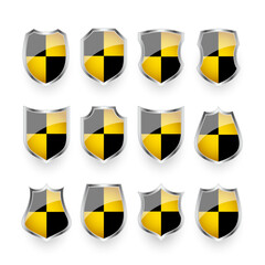 Fototapeta premium Glossy shields with yellow and black pattern. Security and protection concept. Cyber safety icons, internet privacy, web defense, digital data protection and antivirus themes. Vector illustration