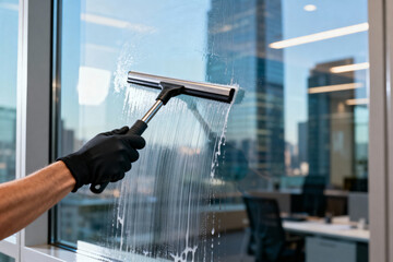 Cleaning office windows with a squeegee, view of city buildings in background