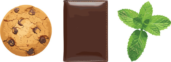 Chocolate chip cookie, leather wallet, mint leaves illustration, food and accessory contrast, realistic texture, white background, creative concept