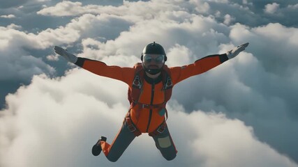 Skydiver soars through fluffy clouds, an exhilarating freefall experience in the open sky adventure