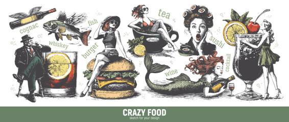 A quirky and fun culinary art. Vintage-style caricatures, hand-drawn sketches for the menu and HoReCa industry