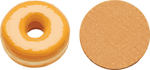 Donut and cork coaster comparison, round objects, food and household items, texture contrast, minimal background, top view, isolated