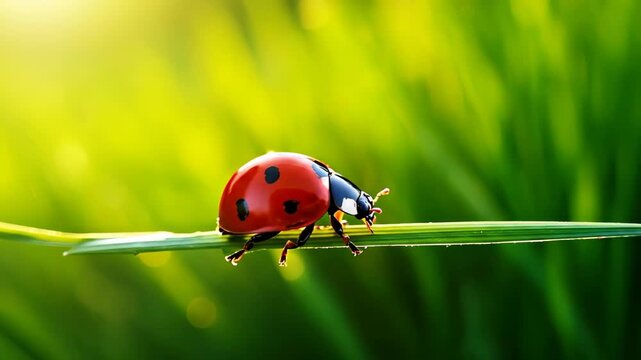 Vibrant Ladybug on a Blade of Green Grass in Sunlight