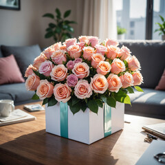 romantic box of roses bouquet on table gift