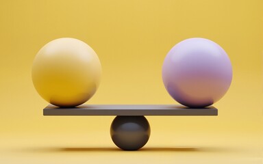 Physical and mental in balance - pictured as balanced balls on scale that symbolize harmony and equity between Physical and mental that is good and beneficial., 3d illustration. High quality