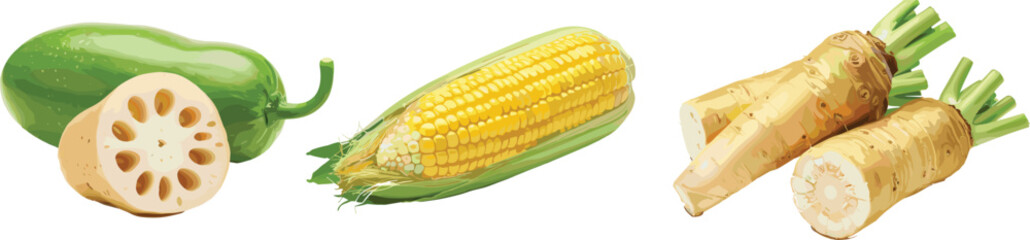 Lotus root, corn, horseradish vegetables, sliced and whole, culinary diversity, global cuisine ingredients, natural texture, white background, fresh