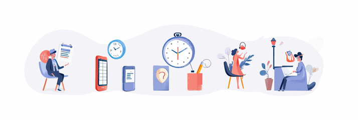 Business people remote working using laptop and smartphone with clock time management and productivity tools concept flat vector illustration