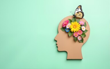Cardboard silhouette of human head decorated with flowers and butterfly on mint background World mental health day concept Vertical banner Copy space : Generative AI. High quality