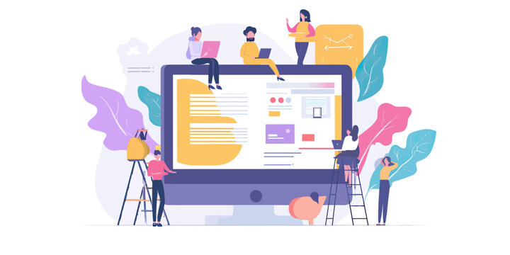 Team collaboration designing interactive web page layout on large desktop screen in flat minimalist style vector illustration
