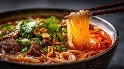 Suanla Fen, hot and sour Chinese vermicelli soup with tender sliced beef