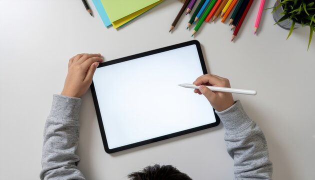 Overhead view of a child using a digital tablet with a blank white screen and stylus pen, surrounded by colorful drawing supplies like crayons, colored pencils, and paper