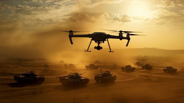 Military Drone Flying Over Armored Tanks in a Dusty Battlefield Environment Under a Dramatic Sunset Sky Creating a Powerful Combat Landscape Scene