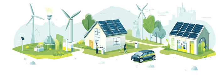 Fototapeta premium Eco-friendly smart houses with solar panels electric car charging station wind turbines renewable energy sustainable technology flat isometric vector illustration