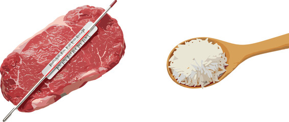 Raw beef meat with thermometer, fresh marbled steak, uncooked rice in wooden spoon, cooking preparation, food safety concept