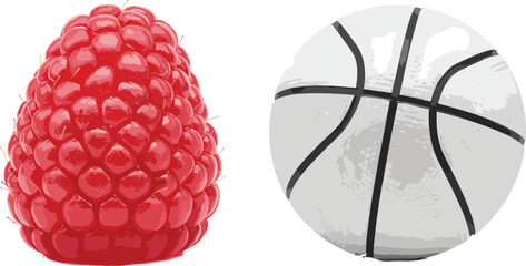 Raspberry and grayscale basketball illustration, natural vs man-made texture comparison, realistic surface detail, food and sport 