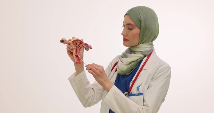 Gynecologist shows process of taking cervical smear on white background. Muslim doctor uses model of uterus to educate teenage patients. Slow motion