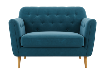 Isolated teal blue two-seat sofa, contemporary mid-century modern living room furniture