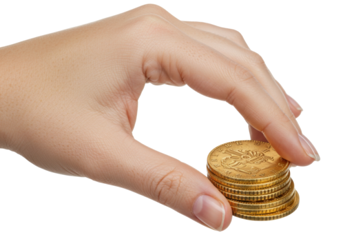 Isolated stack of gold coins in hand with fair skin holding the riches ready for investing