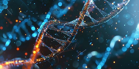 Futuristic glowing DNA helix with abstract particles and bokeh lights, representing science and biology