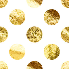 Gold foil seamless texture, shiny handmade circles. Golden glittering pattern. Shining hand drawn background. Wedding, greeting card decoration elements. Modern minimalist art. Vector illustration
