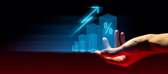 hand of businessman interactive touching a holographic financial growth graph chart system network and technology, success of trading innovation