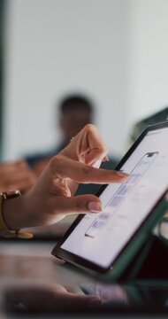 Media agency, hands and woman with tablet, typing and schedule for online publication. Person, copywriting and journalist in office, tech and magazine website with digital app or research for article