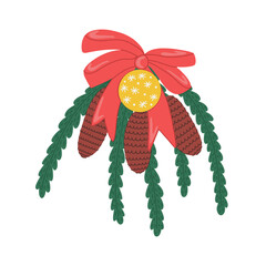 A pine or spruce branch with cones decorated with a red bow and a yellow ball