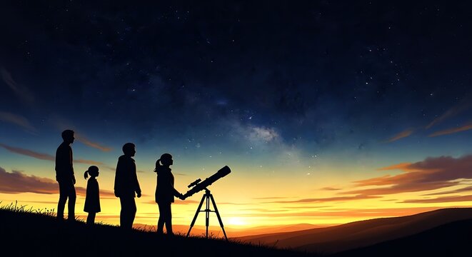 Family silhouettes stargazing with telescope at sunset twilight sky image