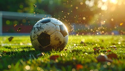 Grassy field, a worn soccer ball, with bokeh lights & leaves falling. Close-up shot, warm sunny glow, motion blur