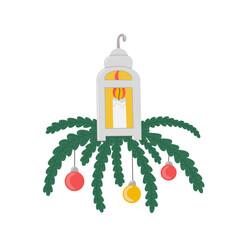 Christmas composition: lantern with a burning candle, fir branches and Christmas balls