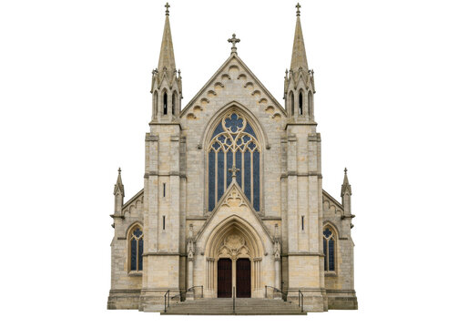 Isolated, grand church building facade with religious architectural style, no people visible