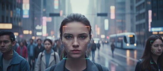 Woman's face being scanned by ai on a crowded city street, illustrating biometric surveillance, data privacy concerns, identity tracking and futuristic urban technology systems
