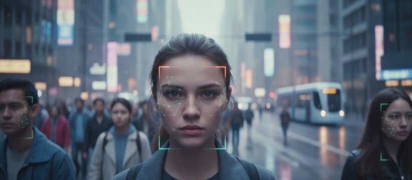 Woman's face being scanned by ai on a crowded city street, illustrating biometric surveillance, data privacy concerns, identity tracking and futuristic urban technology systems