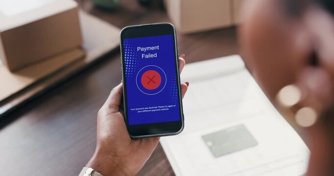 Woman, hands or phone screen with credit card for failed transaction, debt or error in home. Closeup, female person or user on mobile smartphone display, shopping app or decline payment for ecommerce