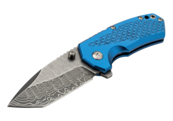 Isolated knife with a patterned blade and blue handle for outdoor adventure equipment use