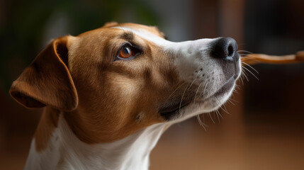 Gentle tooth cleaning captured from the side, dog’s muzzle sharp, human faceless, defocused warm-toned room, with copy space