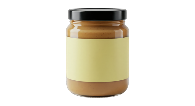 Jar of peanut butter spread with blank yellow label for branding and black lid