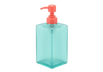 Isolated square bottle containing liquid soap with red pump dispenser on seamless background