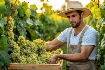Selective focus. Vineyard farmer in wide-brimmed hat picking ripe grapes into crate. Golden hour harvest: farmer carefully collecting grapes by hand