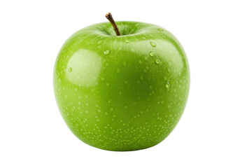 Isolated Granny Smith apple, a fresh and juicy green fruit with a small twig stem still intact