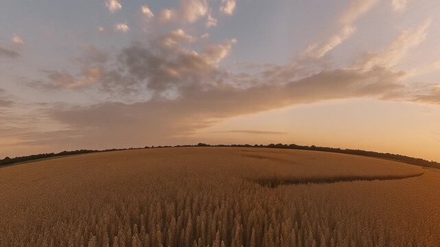 Among oats fields in summer evening sunset with beautiful clouds - 360 loop video