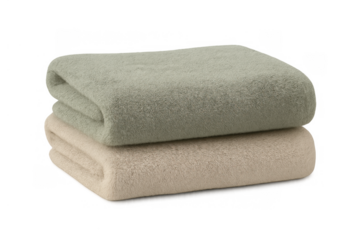 Stacked soft fleece blankets, light green and beige textiles, neatly folded cozy bedding on transparent background