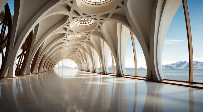 Ethereal architectural marvel: Modern hall with sweeping arches, panoramic views and reflective